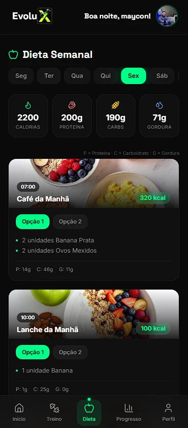 Tela de plano alimentar semanal do app EvoluxFit