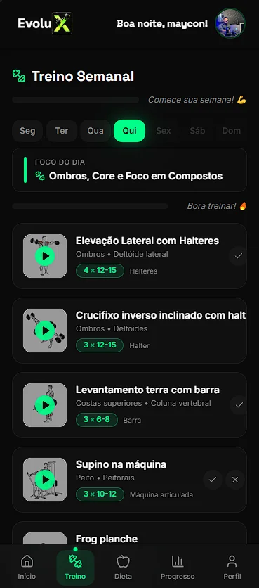 Tela de treino semanal do app EvoluxFit